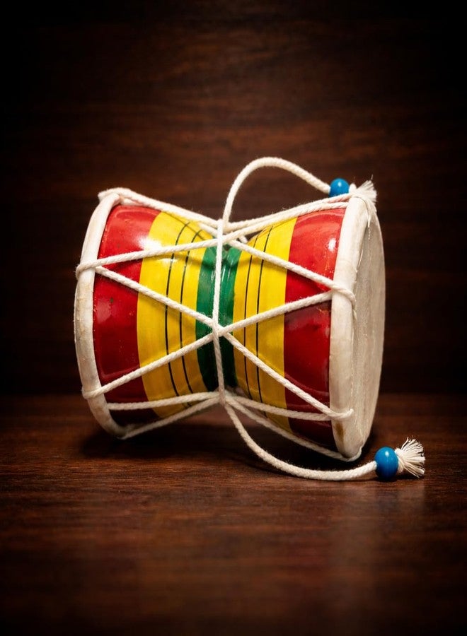 HuBBeR Traditional Indian Damru Hand Percussion Instrument, Handmade Musical Drum with Rope Design, Red and Yellow, Decorative Kids Toy (Small) - Image 1